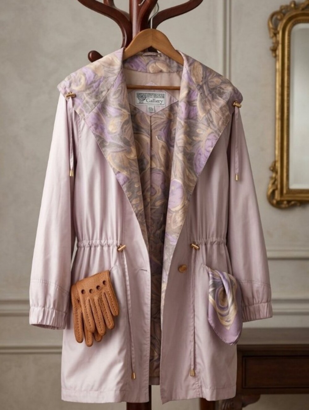 Gallery Vintage Pink Lavender Hooded Trench Coat Utility Winter Jacket - Large